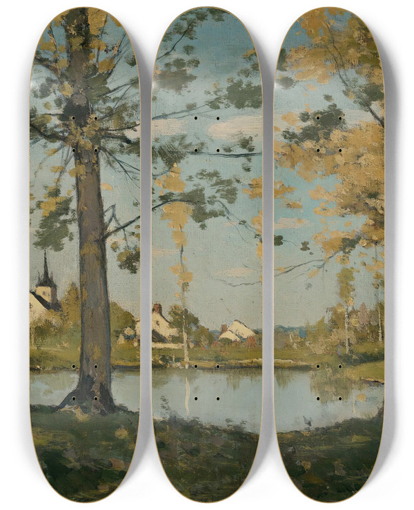 Triptych art skateboard deck of Henrijoseph Harpignies Autumn At Saintpriv by Henri Joseph Harpignies (1819-1916)