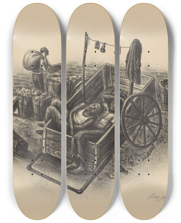 Triptych art skateboard deck of Saul Kovner Ragpickers by Saul Kovner (1904-1981)