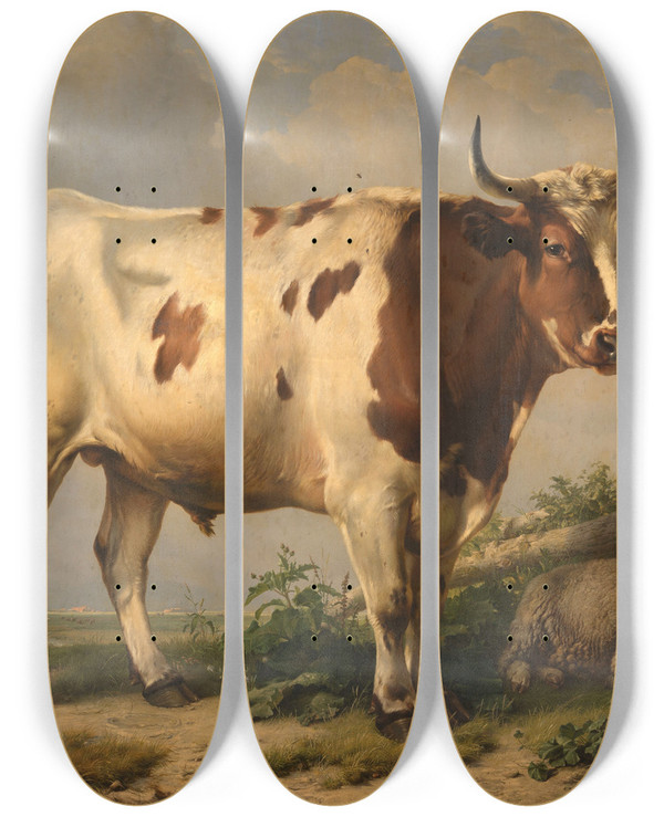Triptych art skateboard deck of Eugne Joseph Verboeckhoven Bull by Eugene Joseph Verboeckhoven (1798-1881)