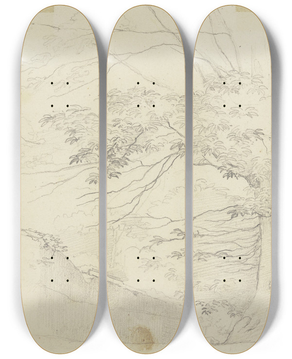 Triptych art skateboard deck of Nikolaus Hoff Baumbestandener Weg Entlang Einer Mauer by Nikolaus Hoff (1798-1873)