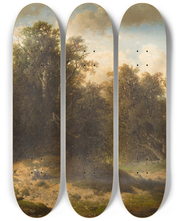Triptych art skateboard deck of Frederik Hendrik Hendriks Two Peasants Resting In Vast Landscape by Frederik Hendrik Hendriks (1808-1865)