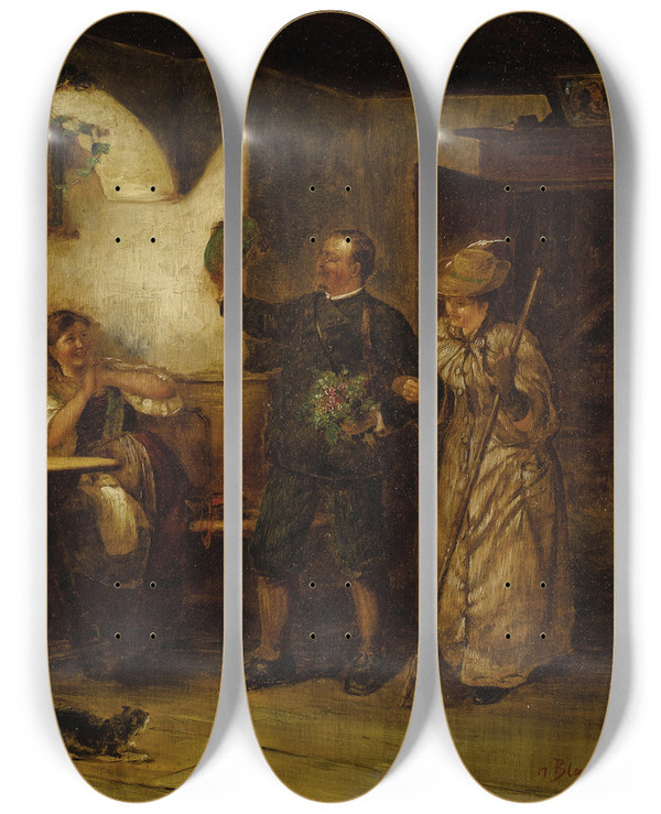 Triptych art skateboard deck of Ludwig Blumesiebert The Happy Homecoming by Ludwig Blume-Siebert (1853-1929)