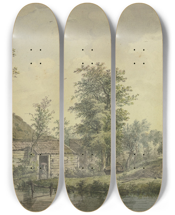 Triptych art skateboard deck of Jacob Van Liender Bauernhaus Am Wasser Bei Einem Schubkarren Eine Kuh by Jacob Van Liender (1696-1759)