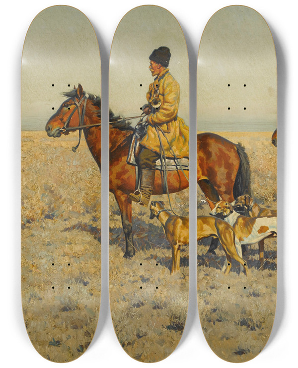 Triptych art skateboard deck of Hugo Ungewitter Hunting On The Steppes by Hugo Ungewitter (1869-1947)