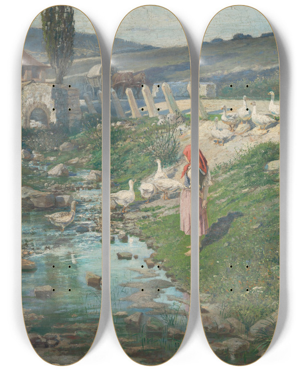 Triptych art skateboard deck of Vojtech Angyal Landscape With A Shepherdess Of Geese by Vojtech Angyal (1847-1928)