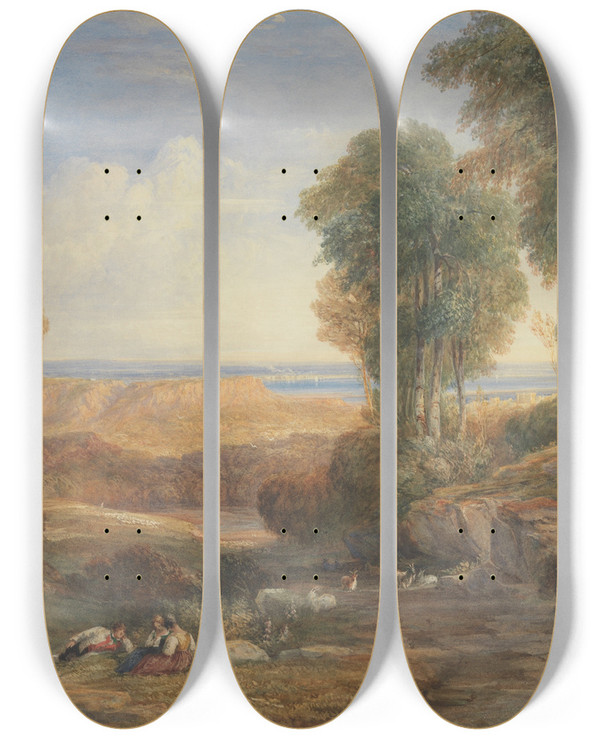 Triptych art skateboard deck of David Cox The Junction Of The Severn And The Wye With Chepstow In The Distance by David Cox (1783-1859)