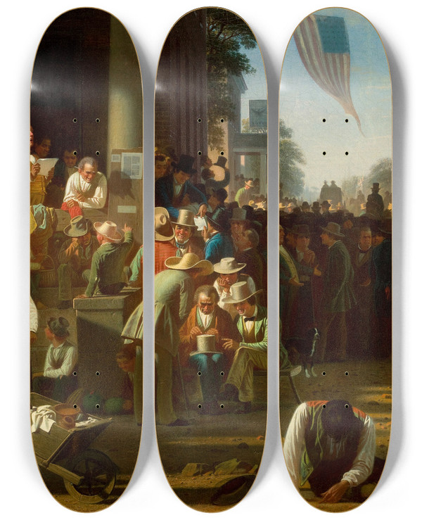 Triptych art skateboard deck of George Caleb Bingham The Verdict Of The People by George Caleb Bingham (1811-1879)