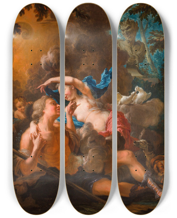Triptych art skateboard deck of Nicolaas Verkolje Amor And Psyche by Nicolaas Verkolje (1673-1746)