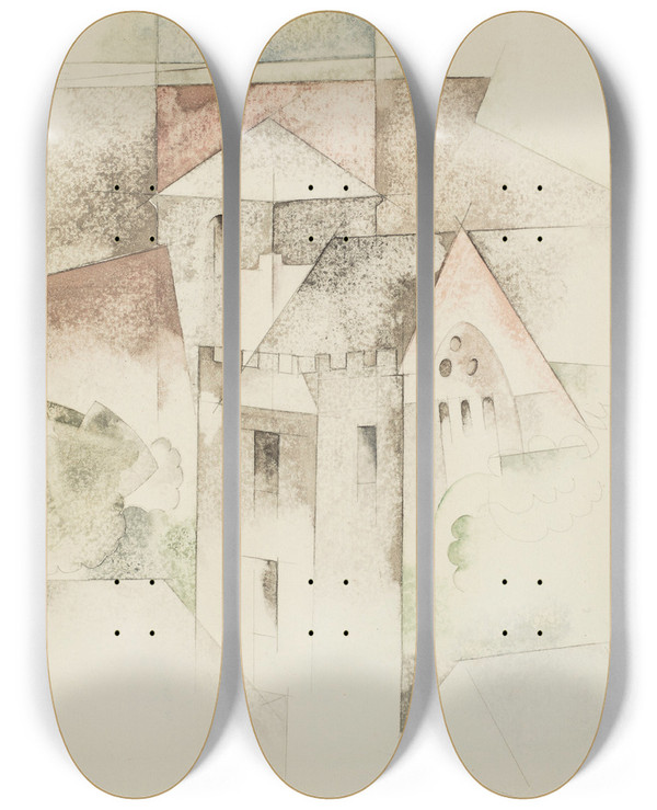 Triptych art skateboard deck of Charles Demuth Buildings Bermuda by Charles Demuth (1883-1935)