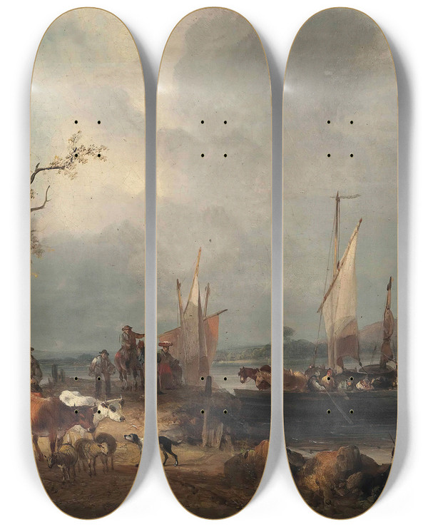 Triptych art skateboard deck of William Shayer The Landing Stage by William Shayer (1787-1879)