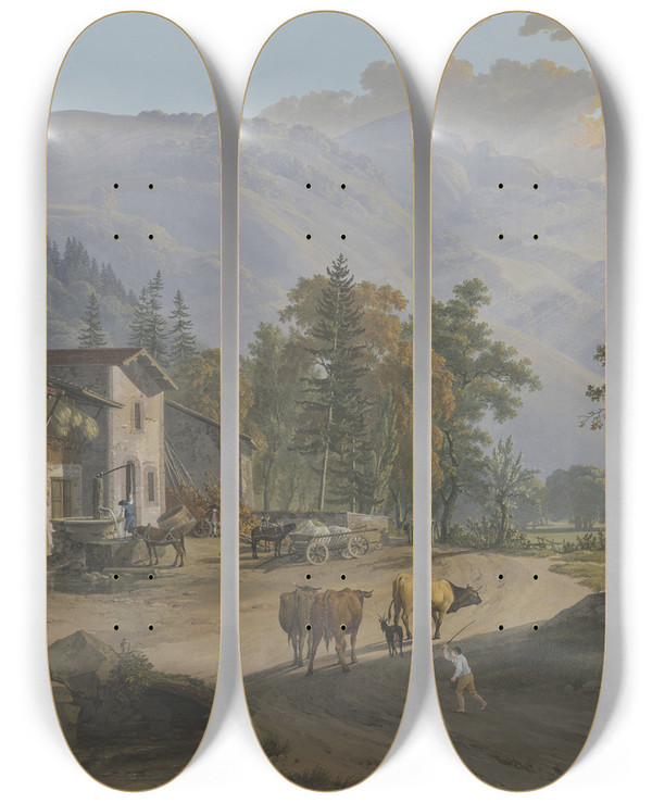 Triptych art skateboard deck of Jeanantoine Linck Vue Du Brezon Pris Prs De Bonneville by Jean-Antoine Linck (1766-1843)