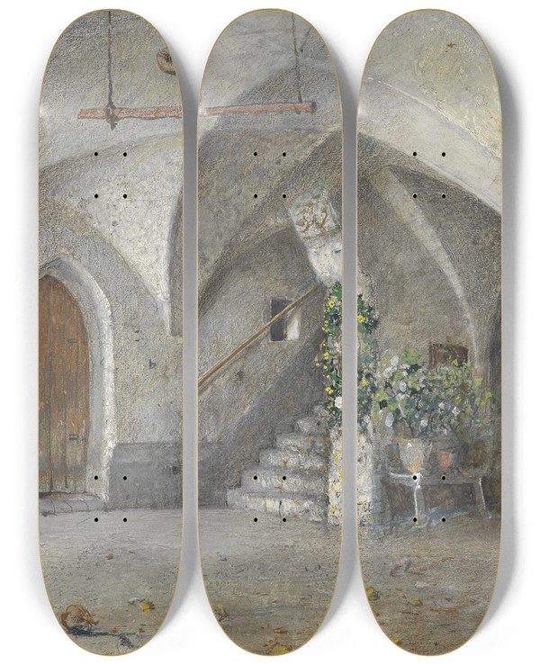 Triptych art skateboard deck of Robert Russ Hausflur Beim Kantioler In Klausen by Robert Russ (1847-1922)