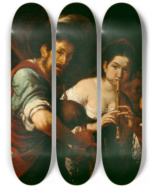 Triptych art skateboard deck of Bernardo Strozzi Street Musicians by Bernardo Strozzi (1581-1644)