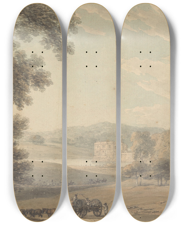 Triptych art skateboard deck of Thomas Hearne Leeds Castle Kent by Thomas Hearne (1744-1817)
