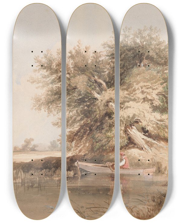 Triptych art skateboard deck of Charles Warren The Eel Catcher by Charles Warren