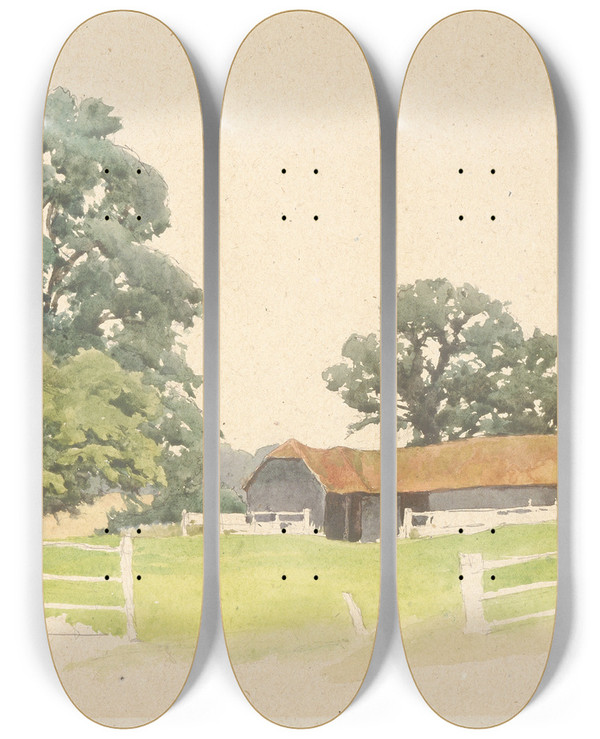 Triptych art skateboard deck of Alfred Parsons A Bedfordshire Farmyard by Alfred Parsons (1847-1920)