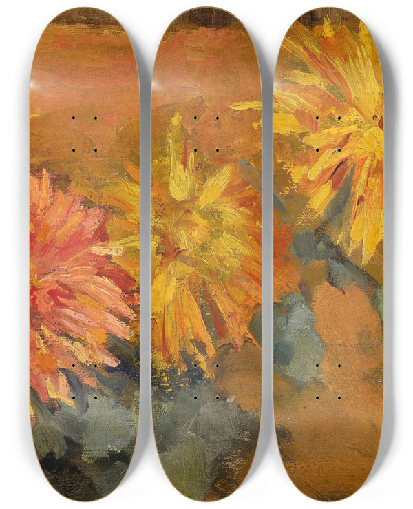 Triptych art skateboard deck of Piet Mondrian Drie Chrysanten by Piet Mondrian (1872-1944)