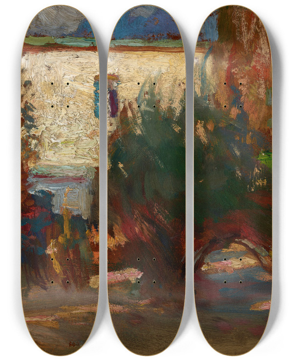 Triptych art skateboard deck of Jan Stanislawski House Among Trees by Jan Stanislawski (1860-1907)
