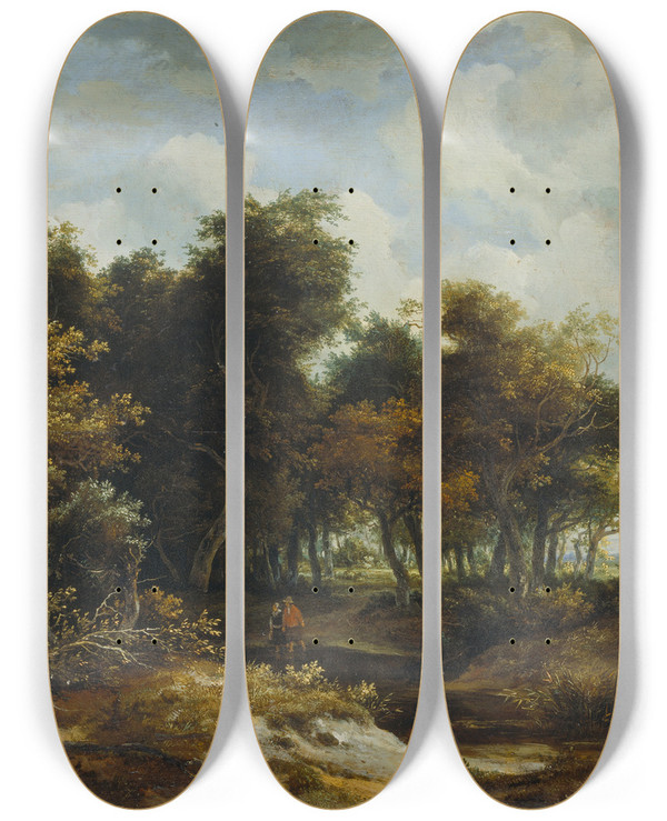 Triptych art skateboard deck of Meindert Hobbema Entrance To A Forest by Meindert Hobbema (1638-1709)