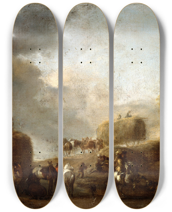 Triptych art skateboard deck of Philips Wouwerman Hay Harvest by Philips Wouwerman (1619-1668)