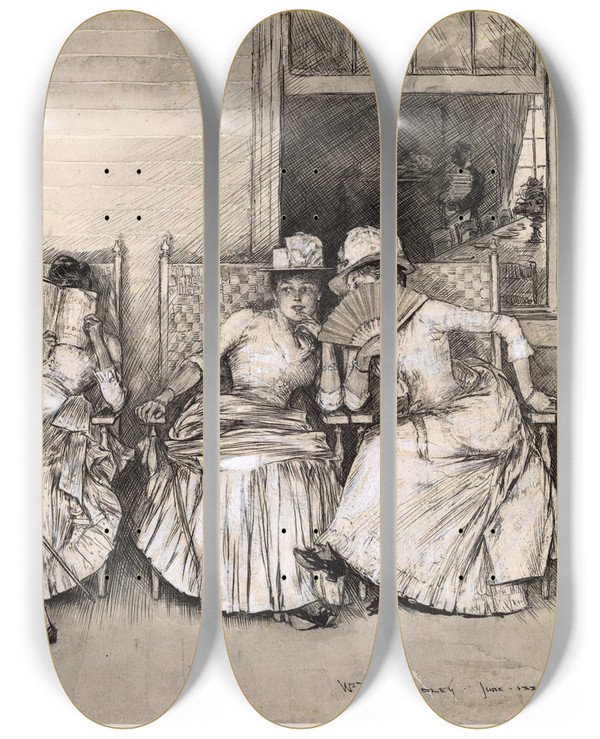 Triptych art skateboard deck of William Thomas Smedley A Late Arrival by William Thomas Smedley (1858-1920)
