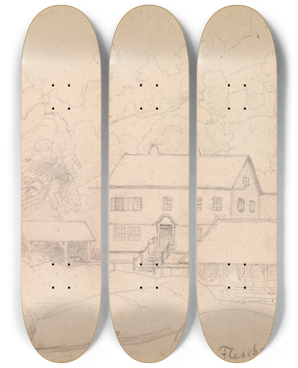 Triptych art skateboard deck of Hans Gude Flesje Grd Balestrand by Hans Gude (1825-1903)