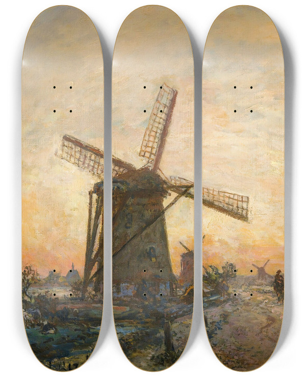 Triptych art skateboard deck of Johan Barthold Jongkind Halage En Hollande by Johan Barthold Jongkind (1819-1891)