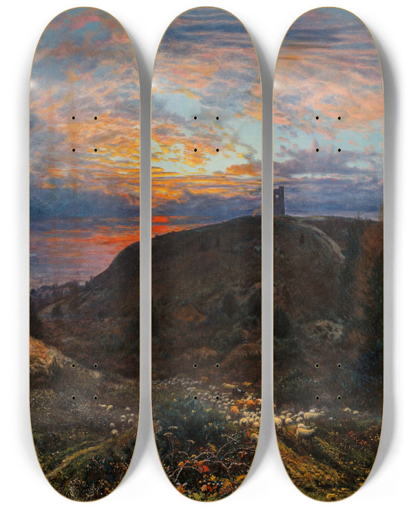 Triptych art skateboard deck of George William Mote Sheep And Cattle Before Leith Hill Edinburgh by George William Mote (1832-1909)