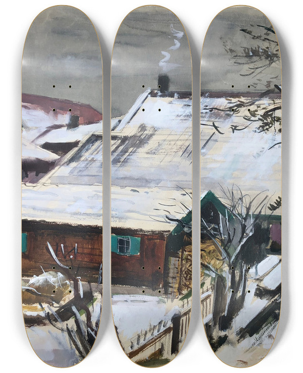 Triptych art skateboard deck of Otto Geigenberger Winterlandschaft Dorf Bei Wasserburg Am Inn by Otto Geigenberger (1881-1946)