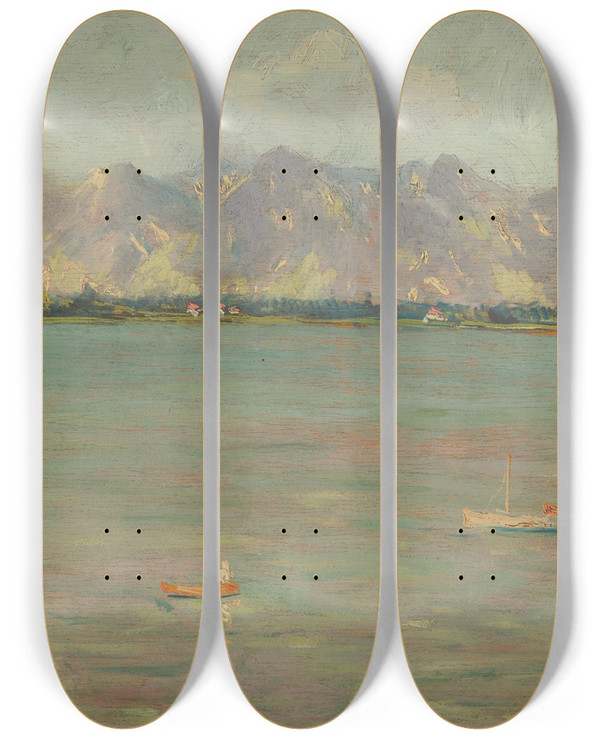 Triptych art skateboard deck of Ferdinand Katona Mountain Landscape With A Lake by Ferdinand Katona (1864-1932)