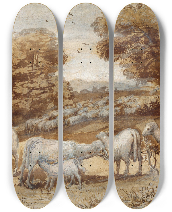 Triptych art skateboard deck of Claude Lorrain Landscape With Sheep by Claude Lorrain (1604-1682)