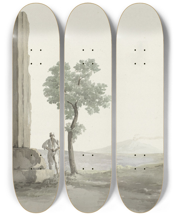 Triptych art skateboard deck of Abrahamlouisrodolphe Ducros Twee Fragmenten Van Zuilen Van De Tempel Van Zeus Olympus Op Afstand Van Halve Mijl Van Rivier Anapus by Abraham-Louis-Rodolphe Ducros (1748-1810)