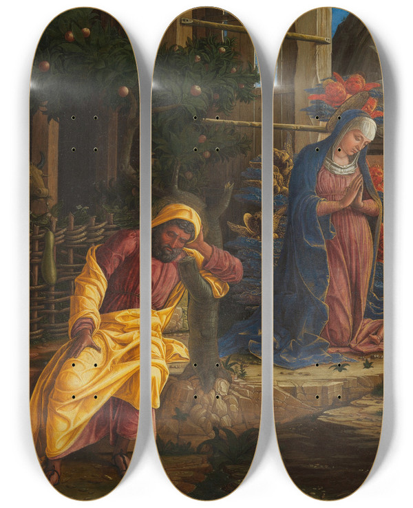 Triptych art skateboard deck of Andrea Mantegna The Adoration Of The Shepherds by Andrea Mantegna (1431-1506)