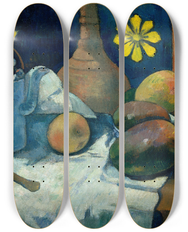Triptych art skateboard deck of Paul Gauguin Still Life With Teapot And Fruit by Paul Gauguin (1848-1903)