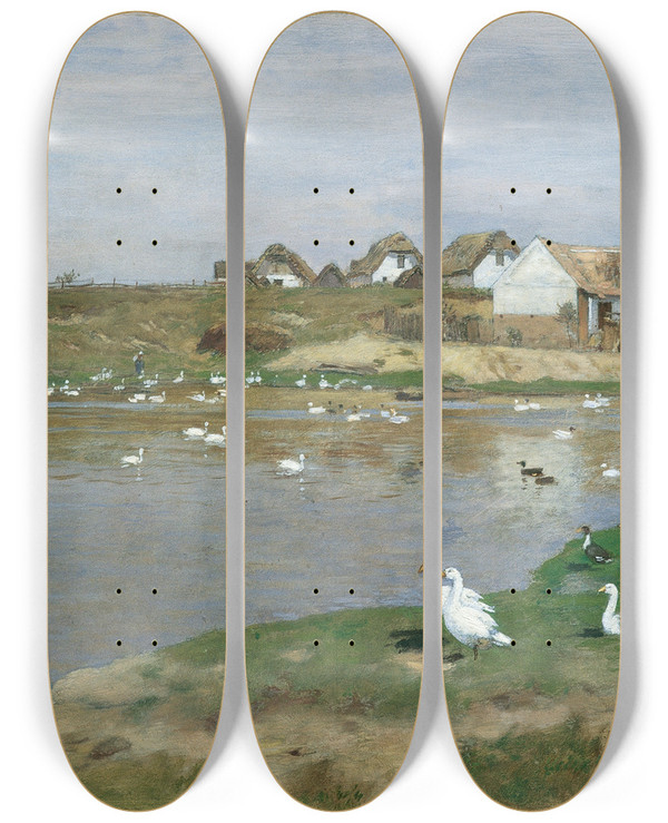 Triptych art skateboard deck of Eugen Jettel Der Gnseteich In Kottingneusiedl by Eugen Jettel (1845-1901)