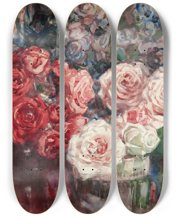 Triptych art skateboard deck of Margaret Stoddart Roses by Margaret Stoddart (1865-1934)