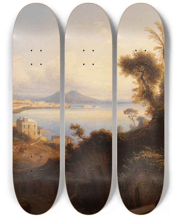 Triptych art skateboard deck of Ferdinand Konrad Bellermann Blick Auf Den Vesuv by Ferdinand Bellermann (1814-1889)