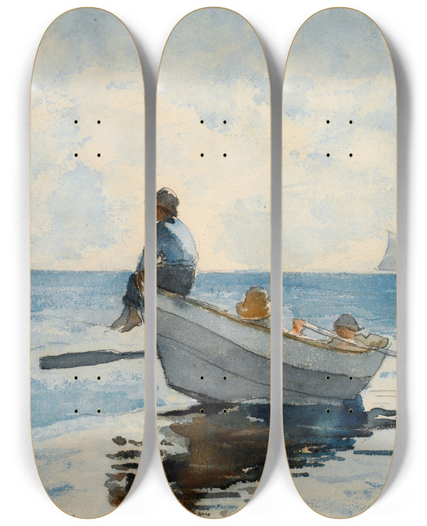 Triptych art skateboard deck of Winslow Homer Boys In A Dory_2 by Winslow Homer (1836-1910)