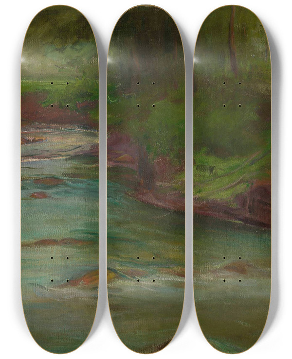 Triptych art skateboard deck of Wadysaw Lewiski Mountain Stream In The Tatra Mountains Below Mt Nosal by Wadysaw lewiski (1854-1918)