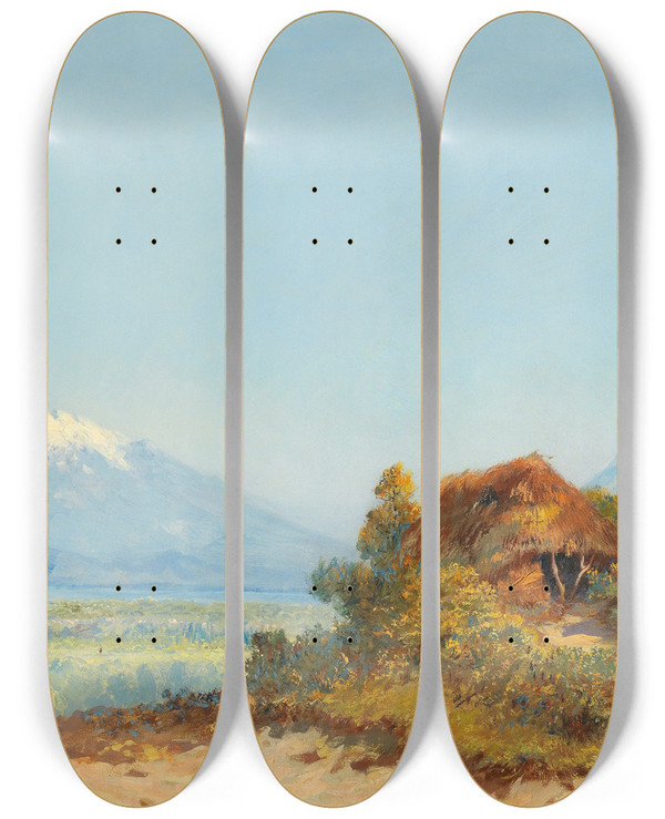 Triptych art skateboard deck of Max Friedrich Rabes Sicilian Landscape Etna In The Background by Max Friedrich Rabes (1868-1944)