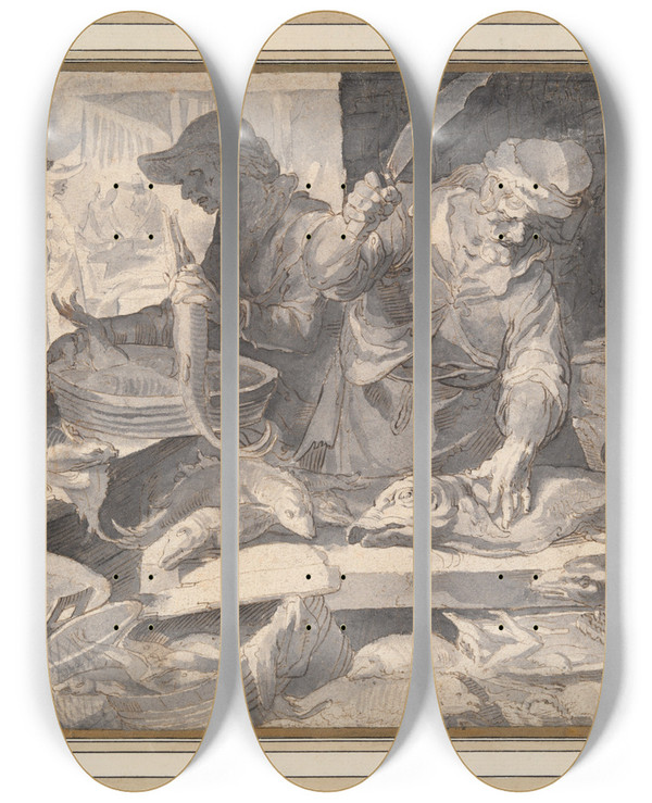 Triptych art skateboard deck of After Joachim Anthonisz Wtewael Fishmarket by After Joachim Anthonisz Wtewael (1566-1638)