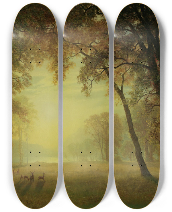 Triptych art skateboard deck of Albert Bierstadt Deer In A Clearing Yosemite by Albert Bierstadt (1830-1902)
