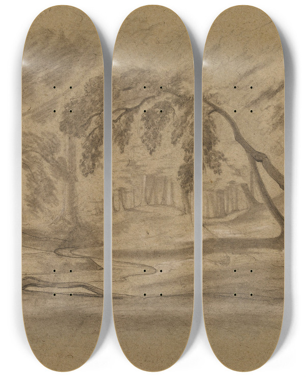 Triptych art skateboard deck of Jeanachille Benouville Sousbois by Jean-Achille Benouville (1815-1891)
