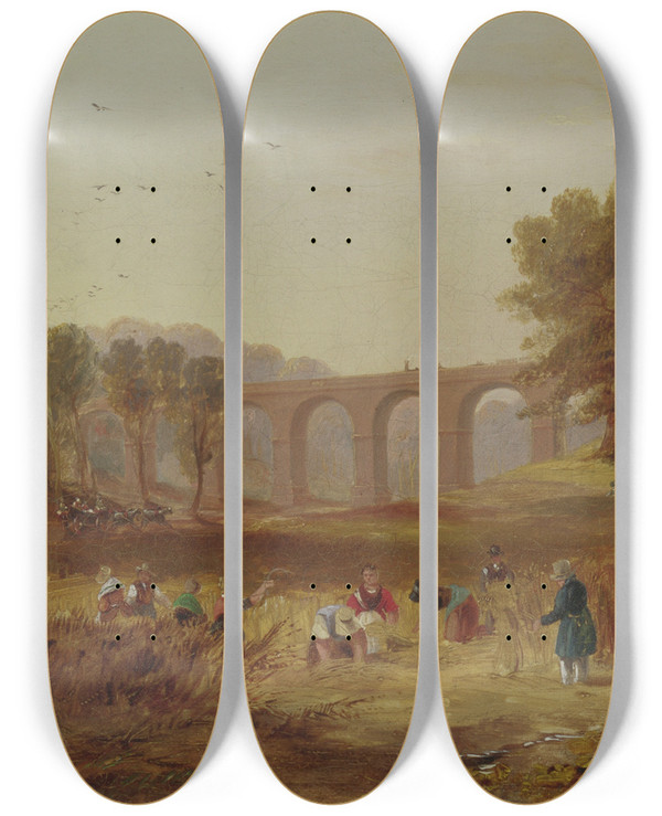 Triptych art skateboard deck of John Wilson Carmichael Corby Viaduct The Newcastle And Carlisle Railway by John Wilson Carmichael (1800-1868)