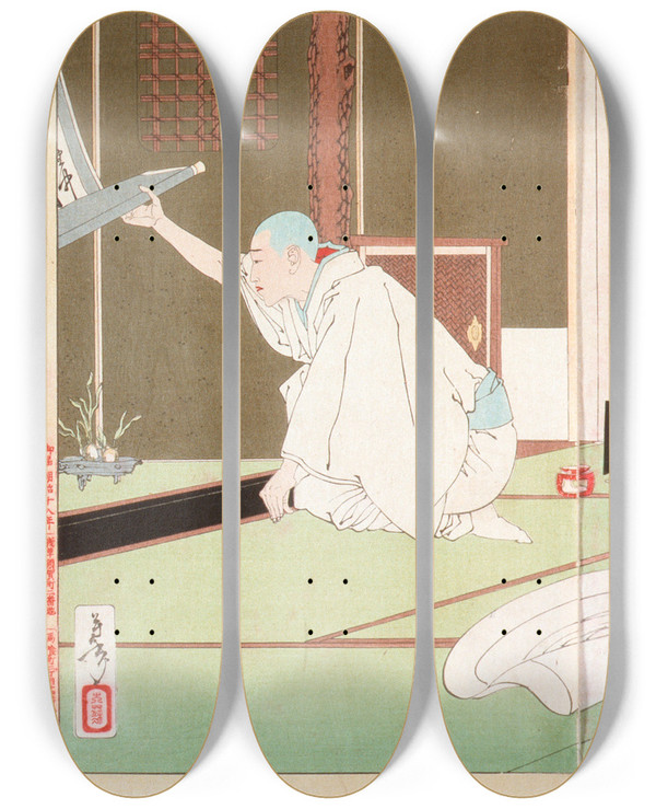 Triptych art skateboard deck of Tsukioka Yoshitoshi The Story Of Priest Nitt At Emmeiin by Tsukioka Yoshitoshi (1839-1892)
