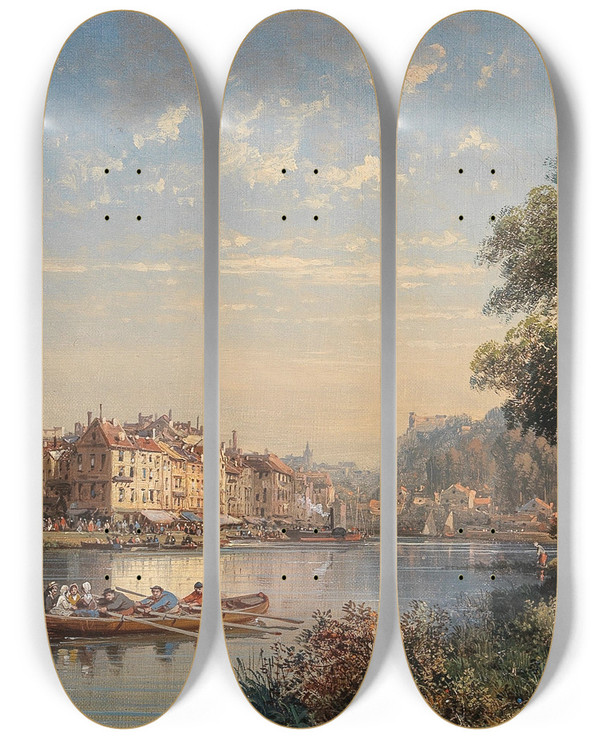 Triptych art skateboard deck of Charles Euphrasie Kuwasseg A Village By The River by Charles Euphrasie Kuwasseg (1833-1904)