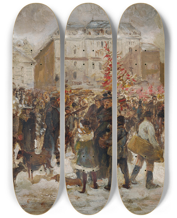 Triptych art skateboard deck of Ernst Juch Weihnachtsmarkt Am Hof In Wien by Ernst Juch (1838-1909)