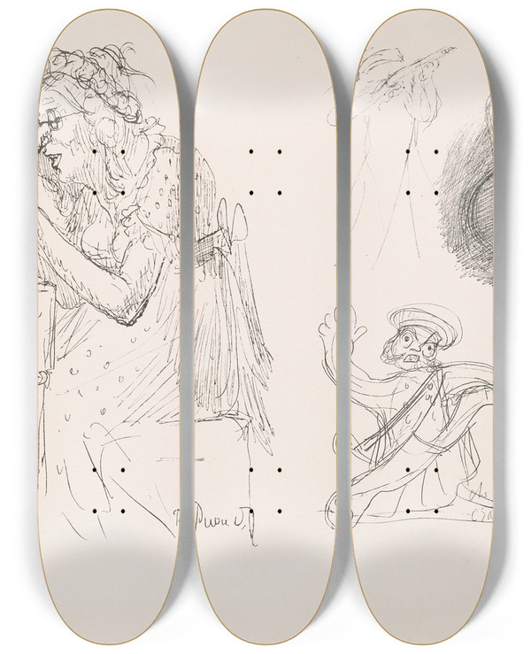 Triptych art skateboard deck of Pierre Puvis De Chavannes Les Caricatures De Puvis De Chavannes Pl28 by Pierre Puvis De Chavannes (1824-1898)