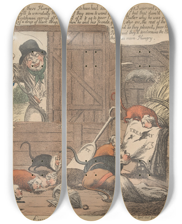 Triptych art skateboard deck of Charles Williams Hungry Rats In An Empty Barn by Charles Williams