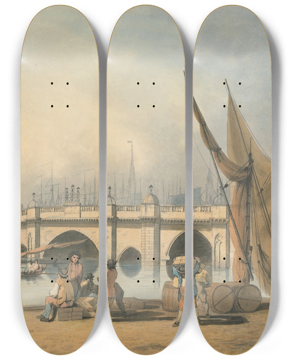 Triptych art skateboard deck of Francis Nicholson London Bridge And The Monument by Francis Nicholson (1753-1844)